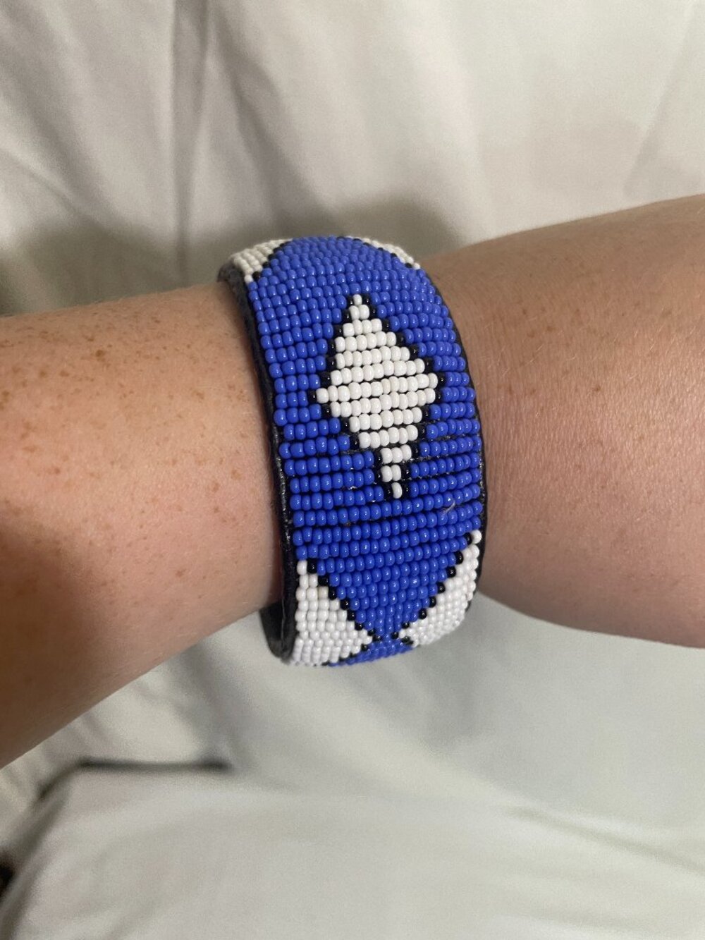 Blue White Black Seed Bead Geometric Wide Leather Cuff Bracelet 2.5”